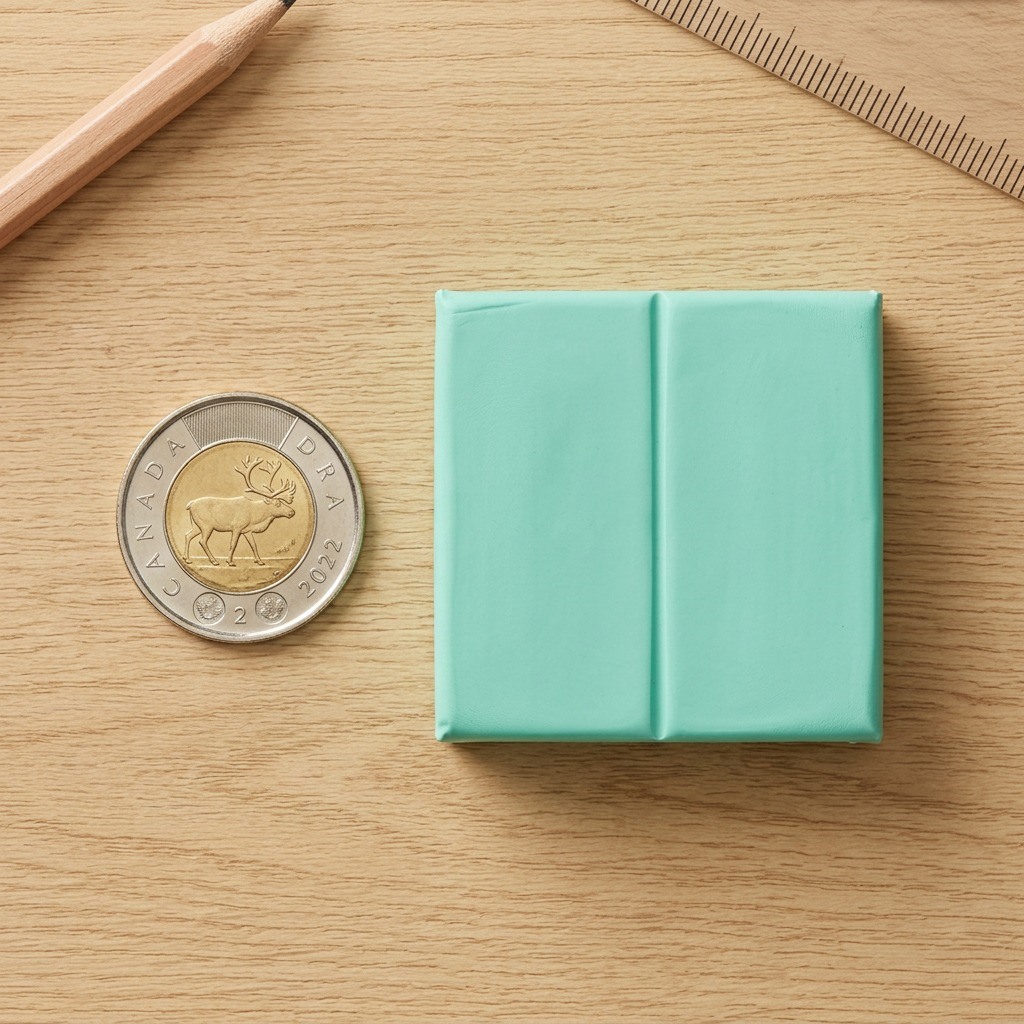 An unpacked 57g Fimo Soft Peppermint clay block shown at accurate standard scale next to a Canadian two-dollar coin for size comparison, shot on a desk.