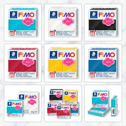 A clean product matrix featuring six color variants, two weight sizes, and a multi-pack view of Fimo Soft.