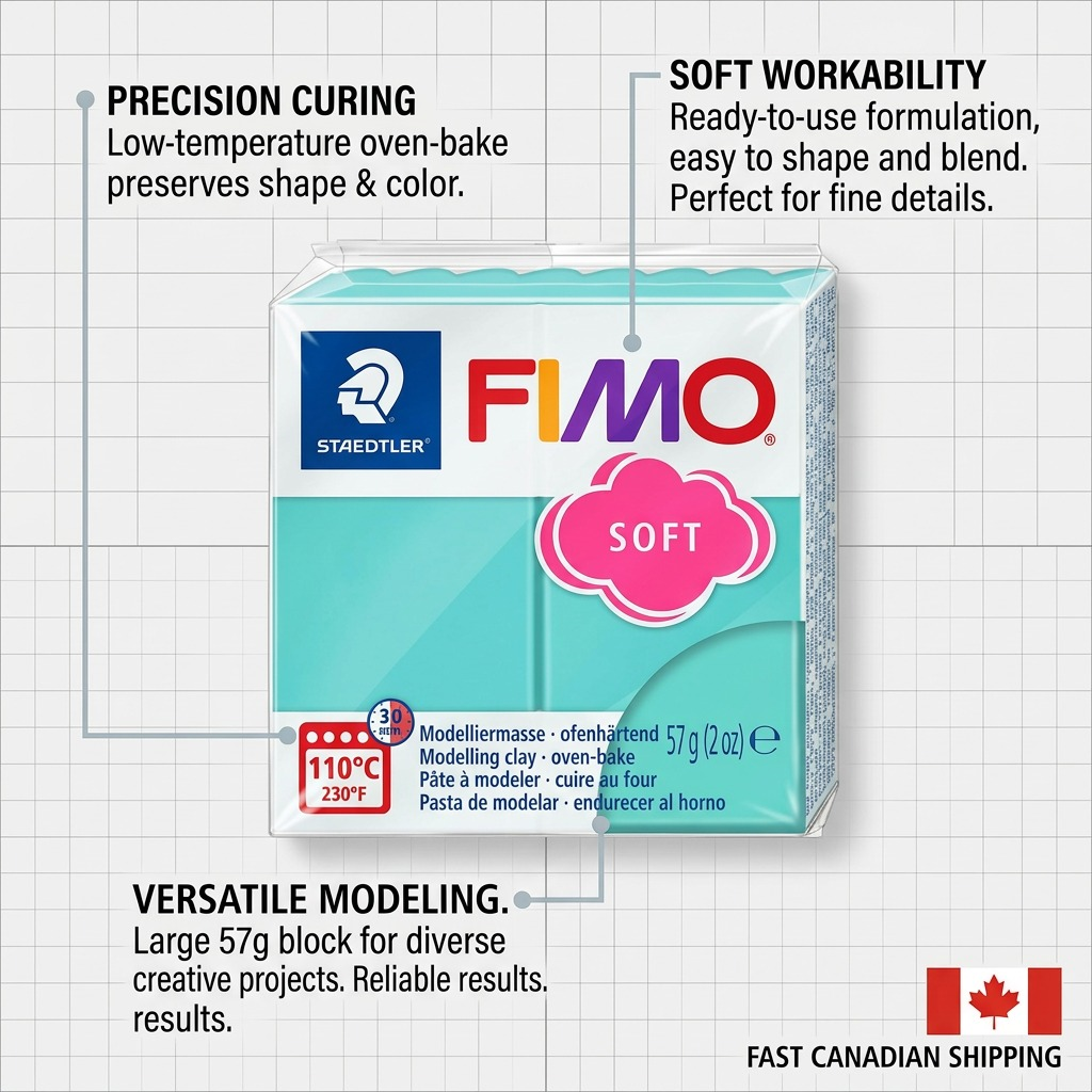 A feature callout graphic for FIMO Soft Peppermint clay, highlighting curing, workability, and modeling versatility.