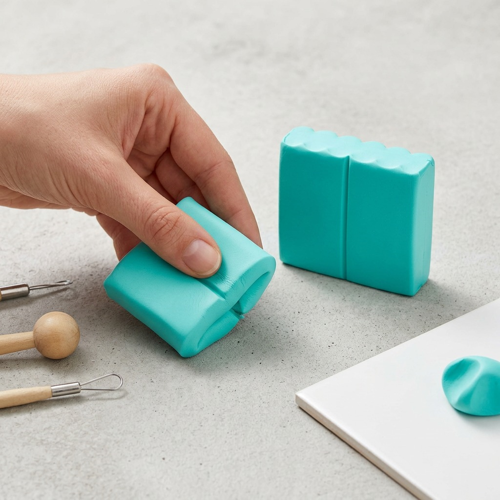A flatlay photograph on a neutral grey concrete surface shows a hand holding the Fimo Soft Peppermint clay, actively kneading and softening it, surrounded by simple sculpting tools, illustrating its use.