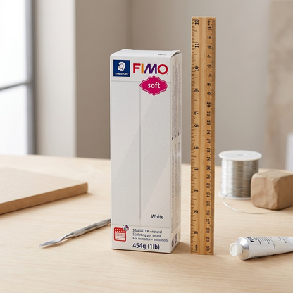 Scale reference photo showing the large, white block of STAEDTLER Fimo Soft clay box against a 1-foot ruler on a clean desk.