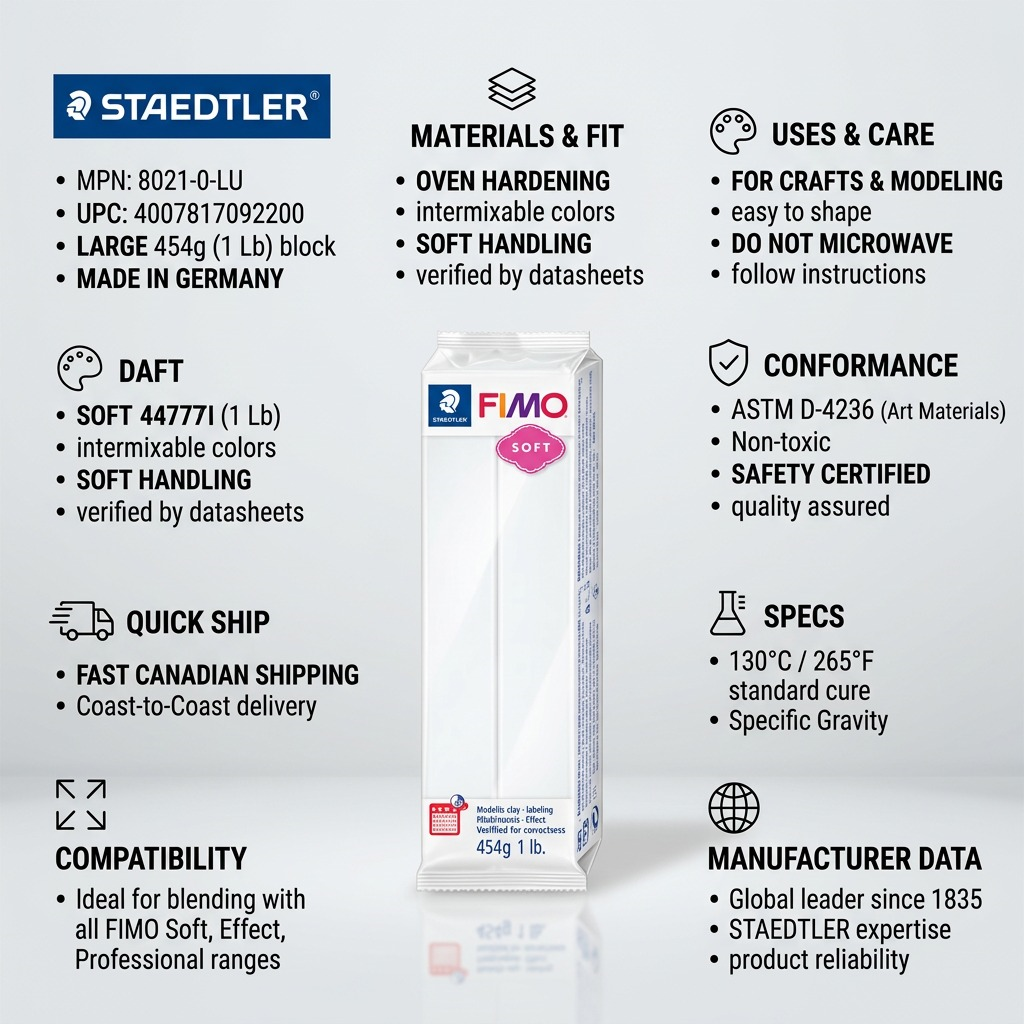 FIMO Soft 454g white block infographic with product details and trust data visual matrix.