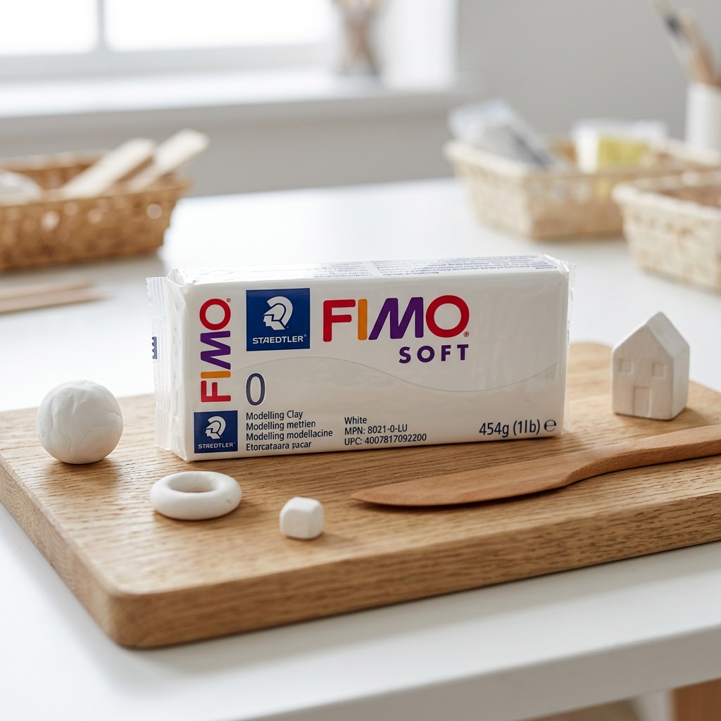 A white block of Fimo Soft modeling clay is featured in a clean, realistic studio setting.