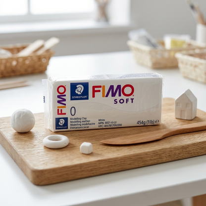 A white block of Fimo Soft modeling clay is featured in a clean, realistic studio setting.