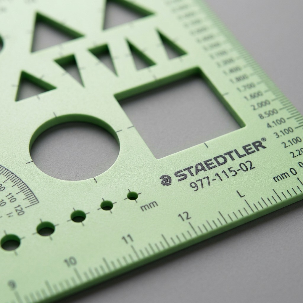 Macro view shows precise markings and a quality finish on a light green template.