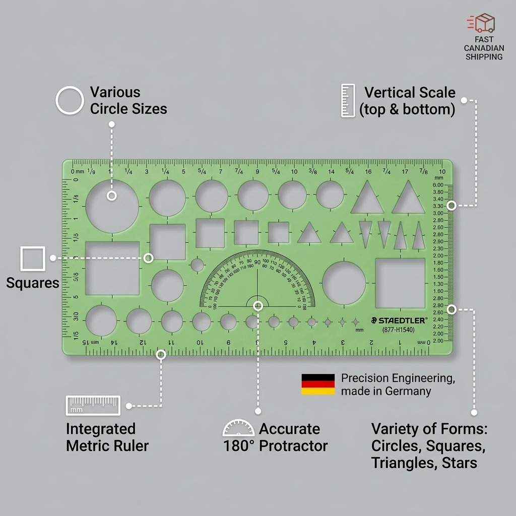 A clear infographic highlighting the key features of the green STAEDTLER geometric template with precise labels and pointers.