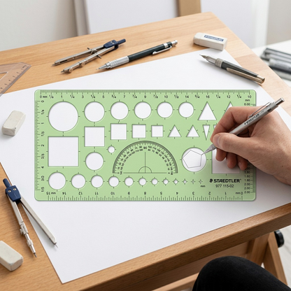 A lifestyle image showing the STAEDTLER shape and symbol template on a drawing table with drafting tools.