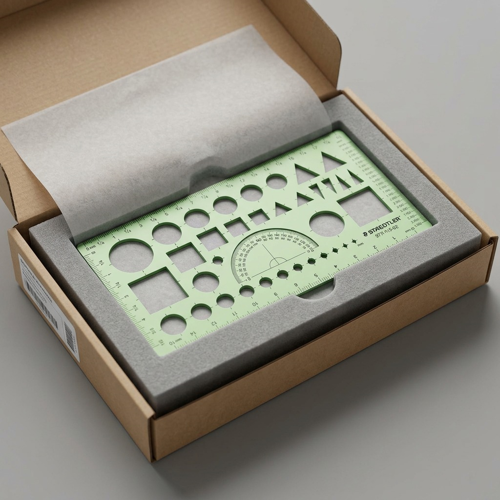 A STAEDTLER multi-purpose template is protected within a custom foam-cut cardboard shipping box.