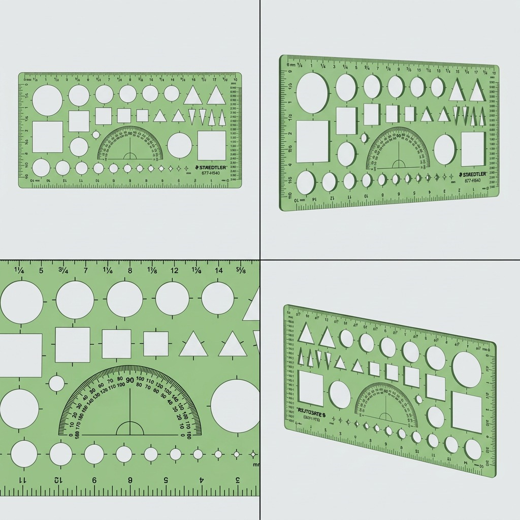 An elegant matrix display showing the Staedtler drafting template from four different, useful angles.