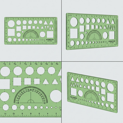An elegant matrix display showing the Staedtler drafting template from four different, useful angles.