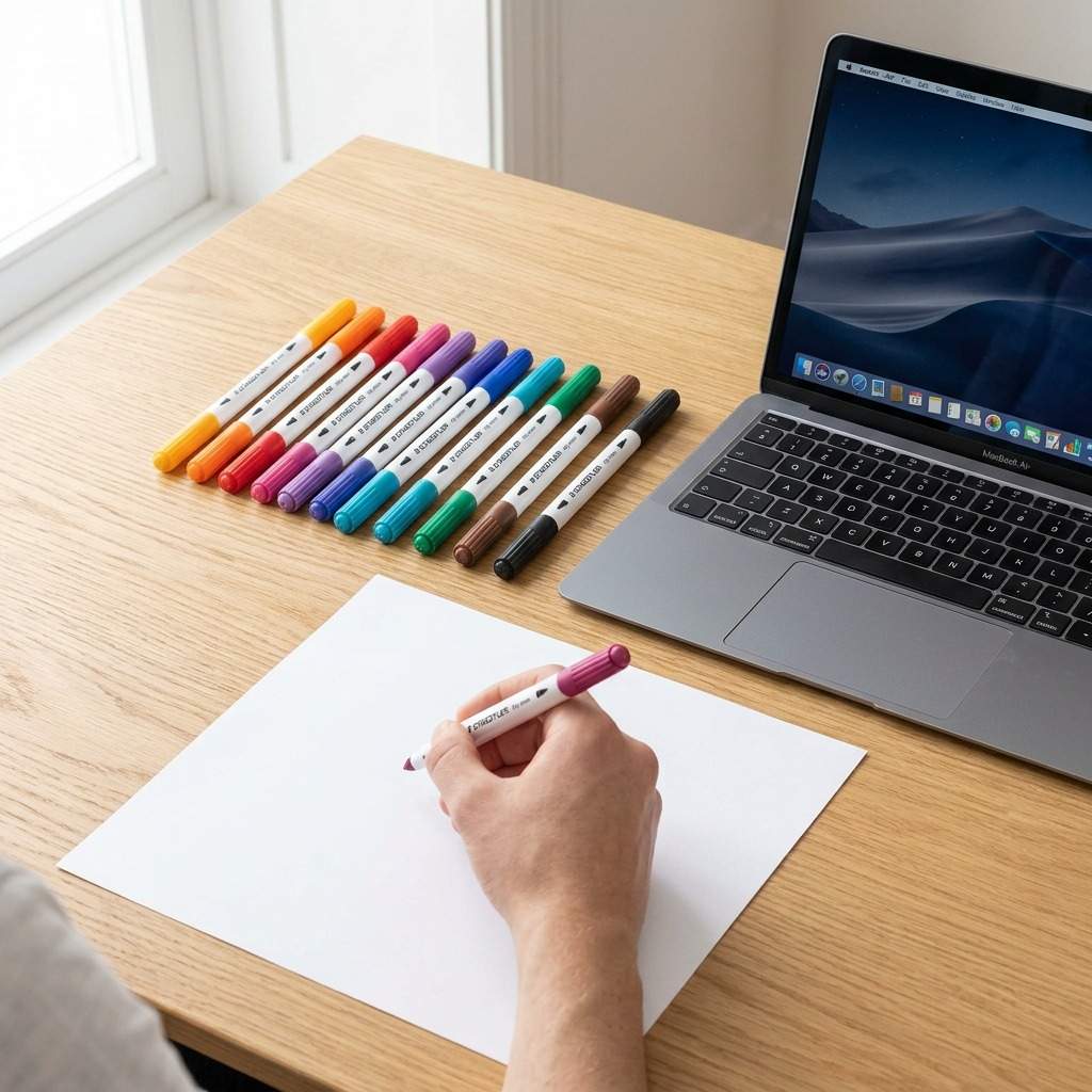 A set of Staedtler double-ended dry erase markers placed next to a standard sheet of paper and an Apple MacBook for size reference.