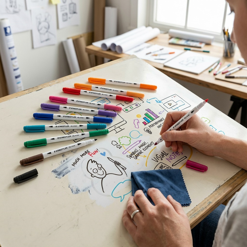 A lifestyle photo showing a person using a dry-erase pen on a board with text and drawings.