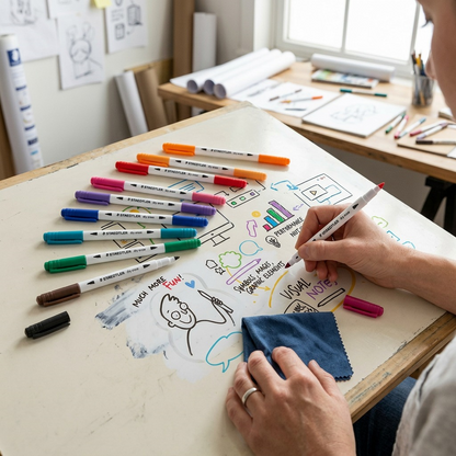 A lifestyle photo showing a person using a dry-erase pen on a board with text and drawings.