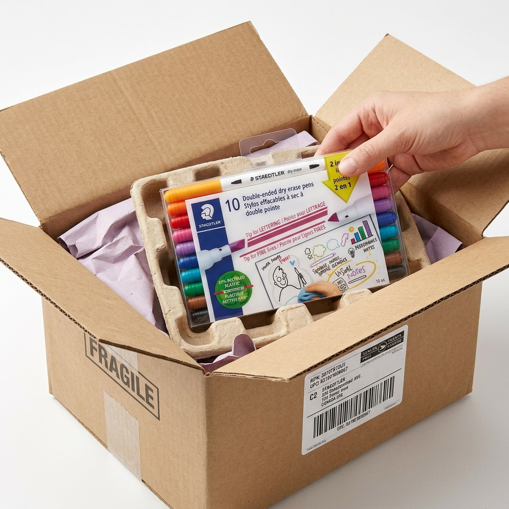 View of an unboxing, showing a retail pack of STAEDTLER Double-ended dry erase pens with protective foam and cardboard inserts.