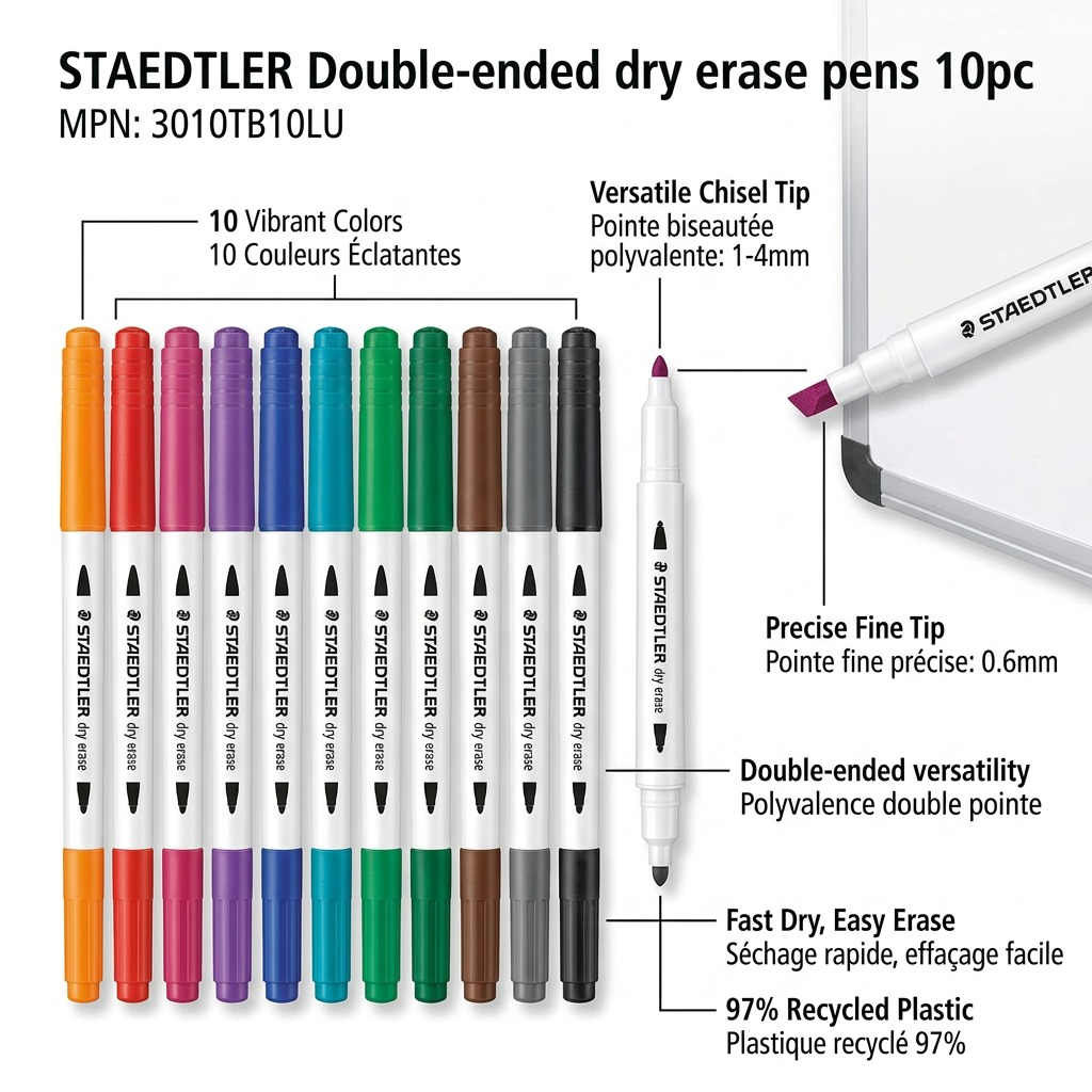 Operational feature graphic for STAEDTLER Double-ended dry erase pens 10pc (3010TB10LU), showing 10 colors and dual-tip design with clean pointer lines and text.