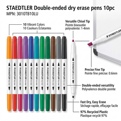 Operational feature graphic for STAEDTLER Double-ended dry erase pens 10pc (3010TB10LU), showing 10 colors and dual-tip design with clean pointer lines and text.