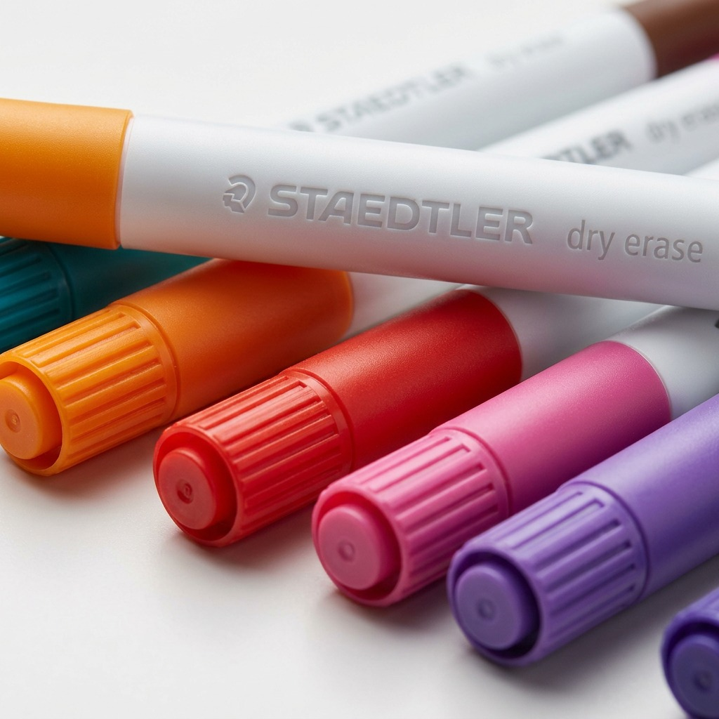 Extreme macro shot highlighting the fine molding on STAEDTLER barrels and multi-color ribbed caps.