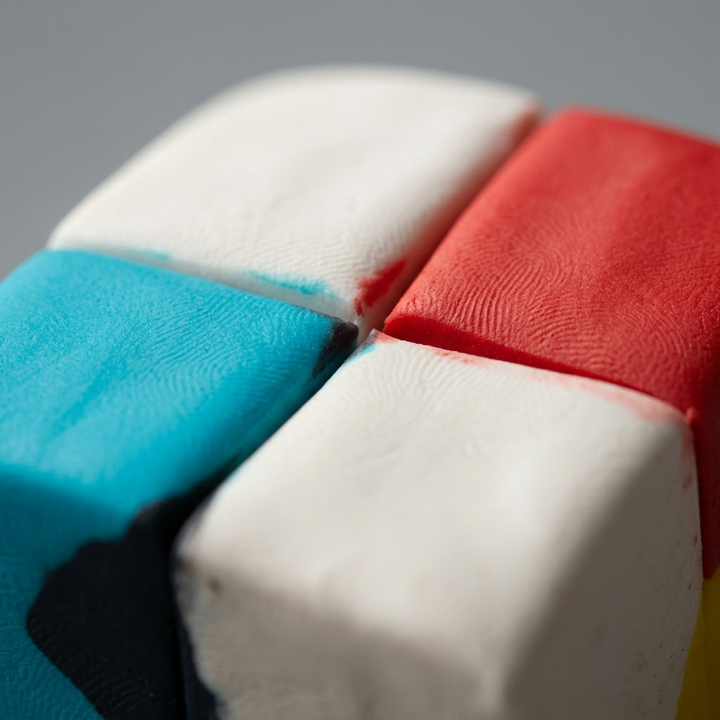 Macro image showing the detailed soft, matte texture and clean seams of multi-colored Fimo modelling clay.