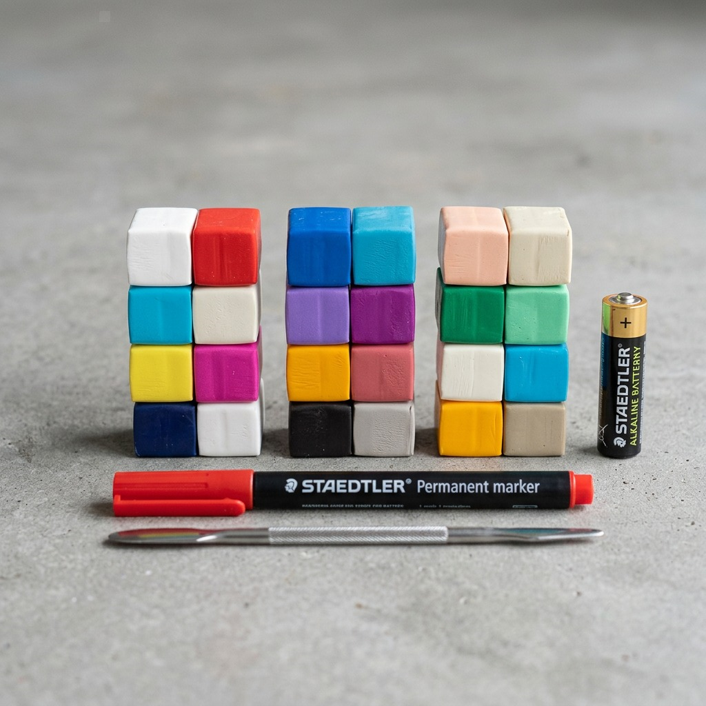 Visual matrix image showcasing the STAEDTLER Fimo Set size next to a standard AA battery and crafting tool.