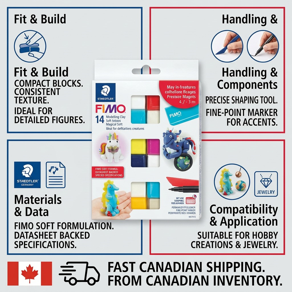 A clean ecommerce infographic showcasing the STAEDTLER Fimo set with trust and authority icons.