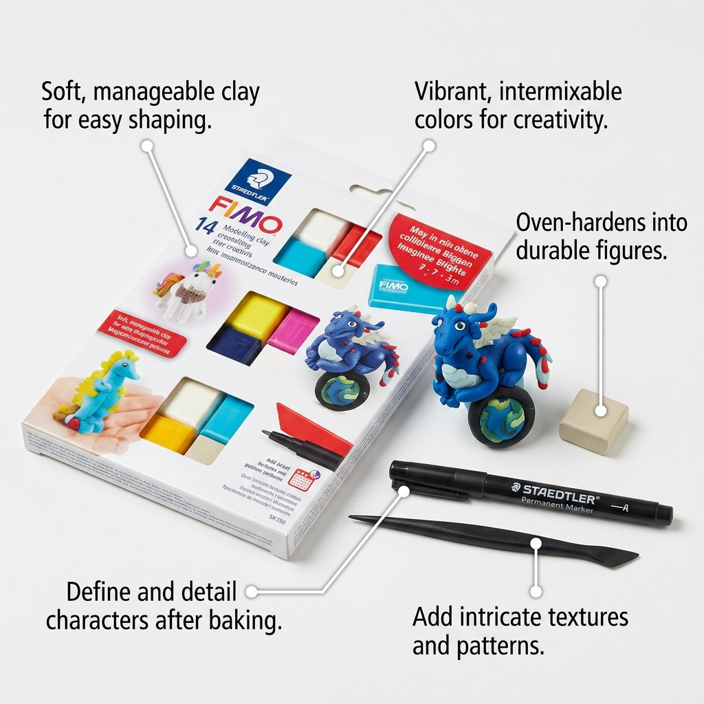 An infographic showing key features of the FIMO soft magical creatures kit with callout labels.