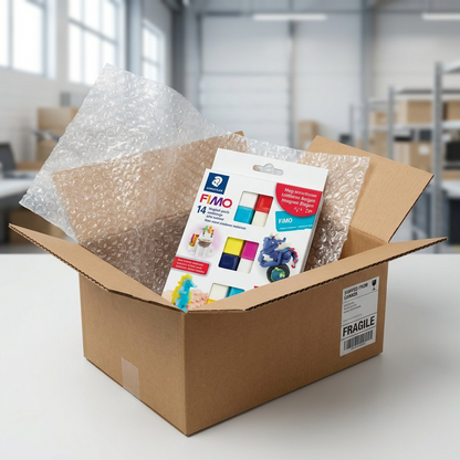 Unboxing confidence for STAEDTLER Fimo set in protective bubble wrap in a neutral shipping carton.