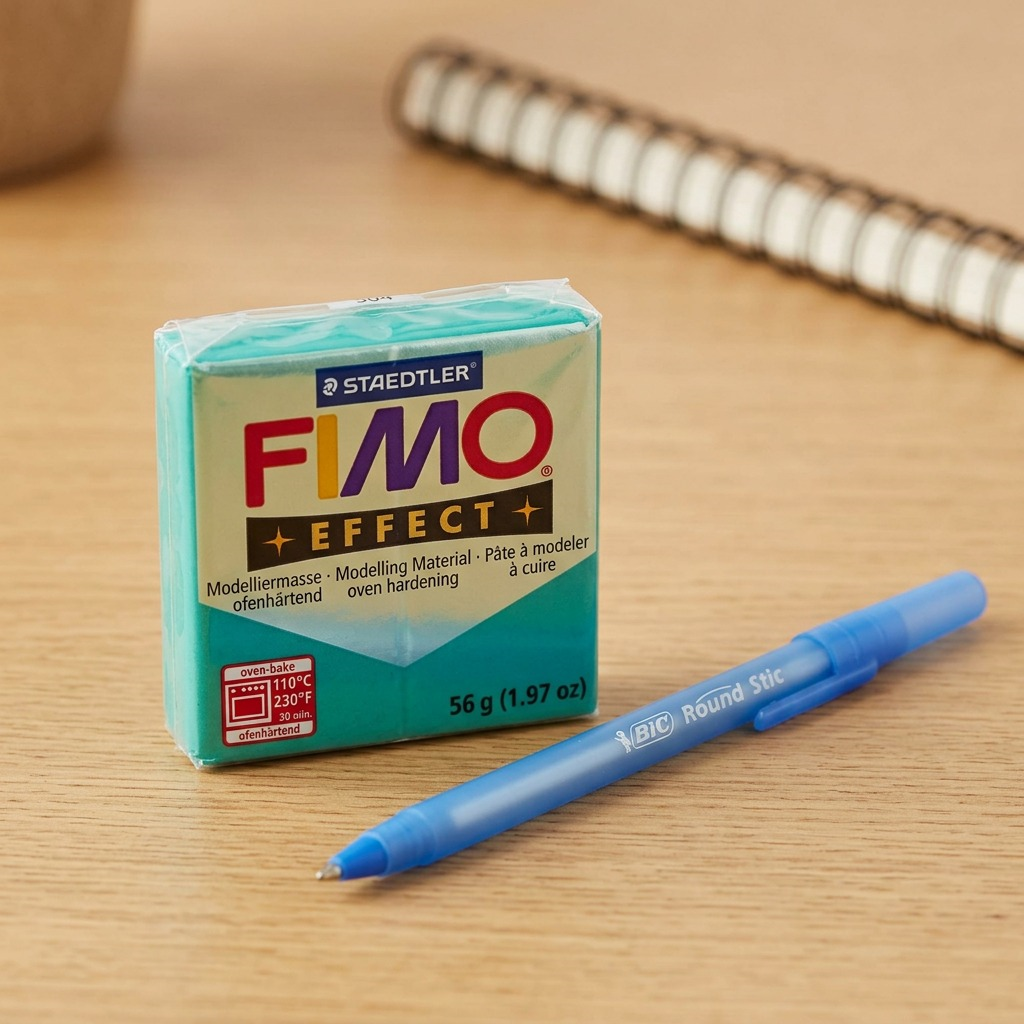 A small rectangular block of green STAEDTLER FIMO Effect modelling clay beside a blue pen and notebook.