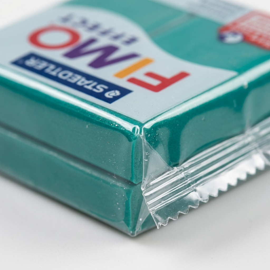 Macro inspects Fimo Effect green clay texture and serrated film edge, highlighting fine mica detail.