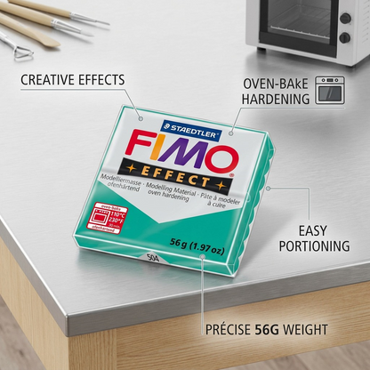 An e-commerce feature callout image highlights four key operational benefits of STAEDTLER Fimo Effect clay: decorative effects, oven-hardening, easy portioning, and exact weight.