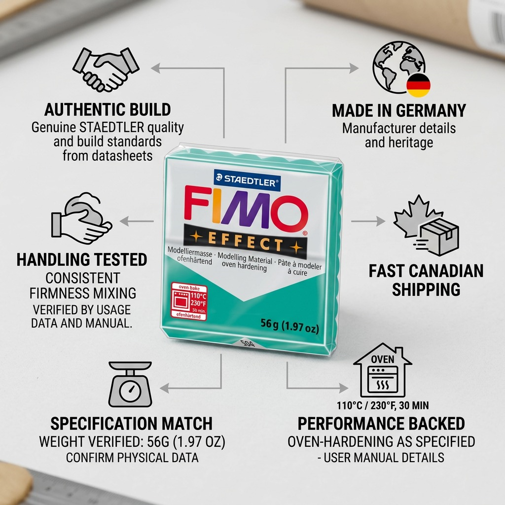 A clean ecommerce infographic matrix featuring a teal STAEDTLER FIMO Effect clay block (image_0.png). Surrounding visual cues with icons confirm 'AUTHENTIC BUILD', 'MADE IN GERMANY', 'TRUSTED BRAND', '56G (1.97 OZ) WEIGHT', 'NON-TOXIC MATERIAL', 'EASY OVEN BAKE', and 'PRECISE KNEADING' with an arrow for 'FAST CANADIAN SHIPPING', building product authority.