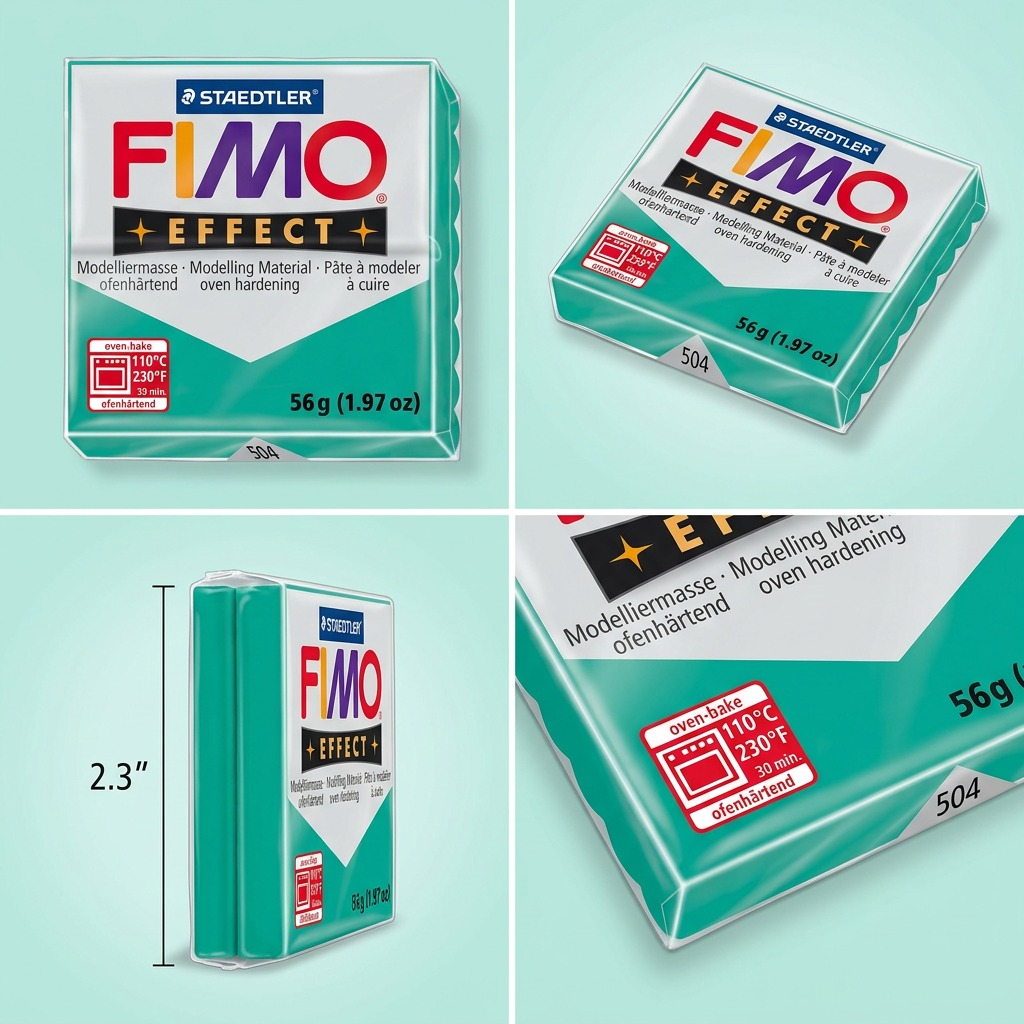 A clean four-grid matrix showcasing five angles of a STAEDTLER Fimo Effect Green block, highlighting its packaging details.