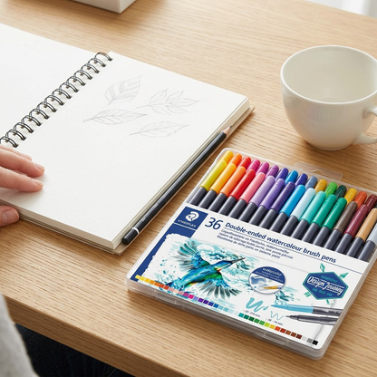 A close-up shot of the Staedtler pen set next to an A5 sketchbook and apple on a desk, illustrating scale.