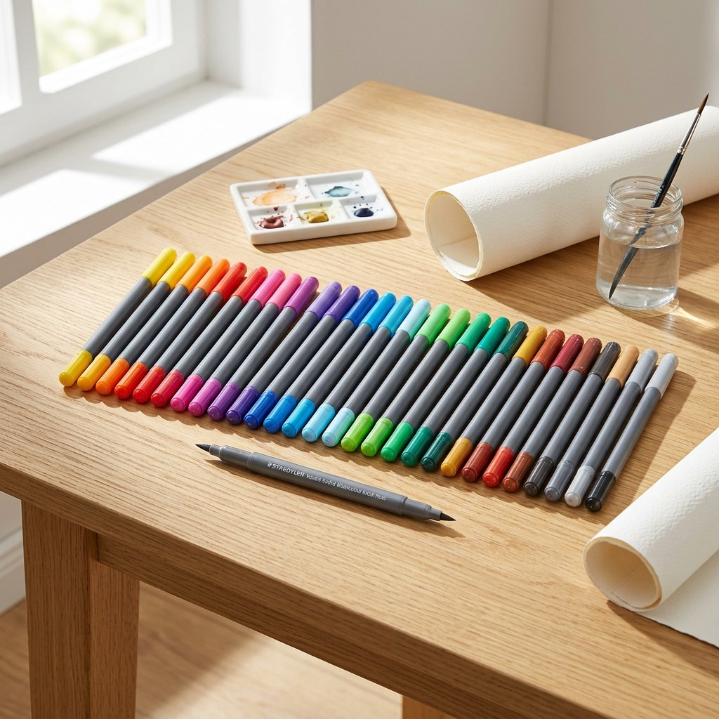 A photograph of unboxed STAEDTLER double-ended watercolour brush pens resting on an artist's desk.