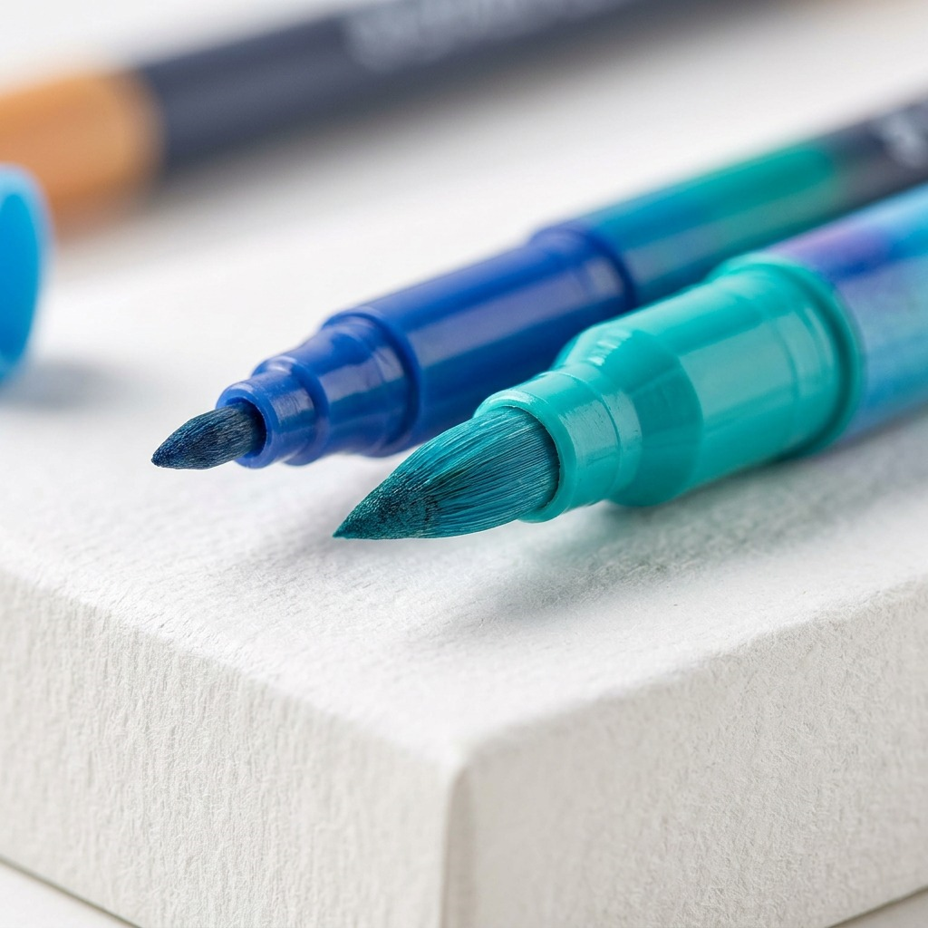Macro photo showing the fine and broad points of a STAEDTLER double-ended watercolor brush pen.