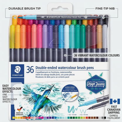A feature matrix graphic showing the STAEDTLER Double-Ended Watercolour Brush Pen pack (3001-TB36-02) with clean labels for its durable brush tip, 36 vivid colors, and fast Canadian shipping.