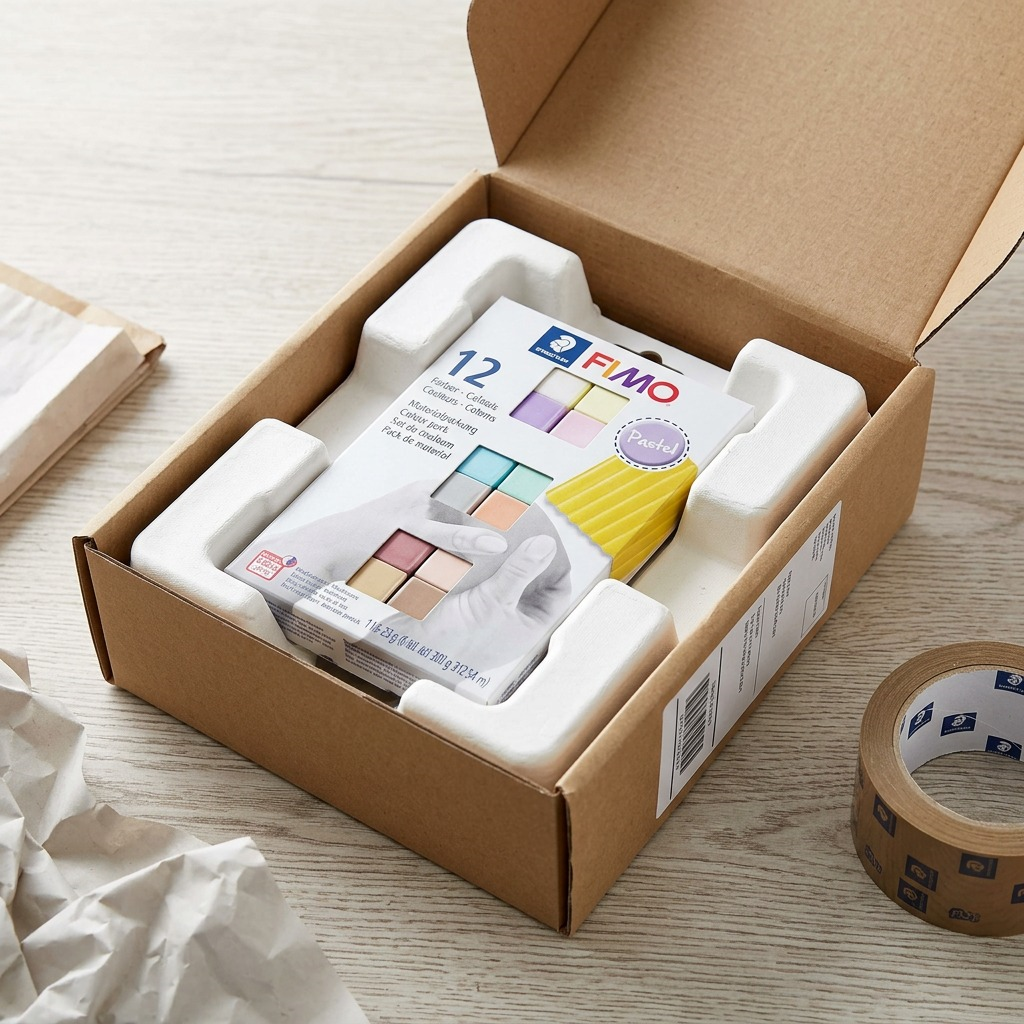 A high-angle photo shows a box of Fimo Soft Pastel 12 Color Pack being carefully unboxed from a well-padded shipping carton on a wood surface. The retail packaging is intact and clear within a form-fitting paper pulp insert. Padded mailer and crumpled paper packing material are next to the brown shipping box with an generic label. Natural daylight. Accurate product details.