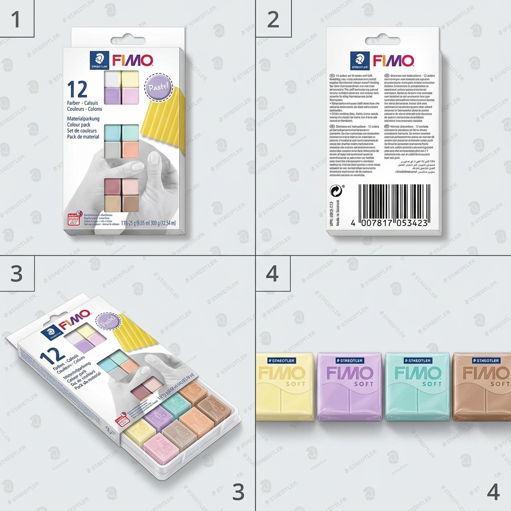 An organized ecommerce matrix showing the STAEDTLER Fimo Soft (MPN: 8023-C12-3, UPC: 4007817053423) Pastel Colours 12-pack in three distinct, informative views: front view, rear view, and open-top view, on a premium grey grid.