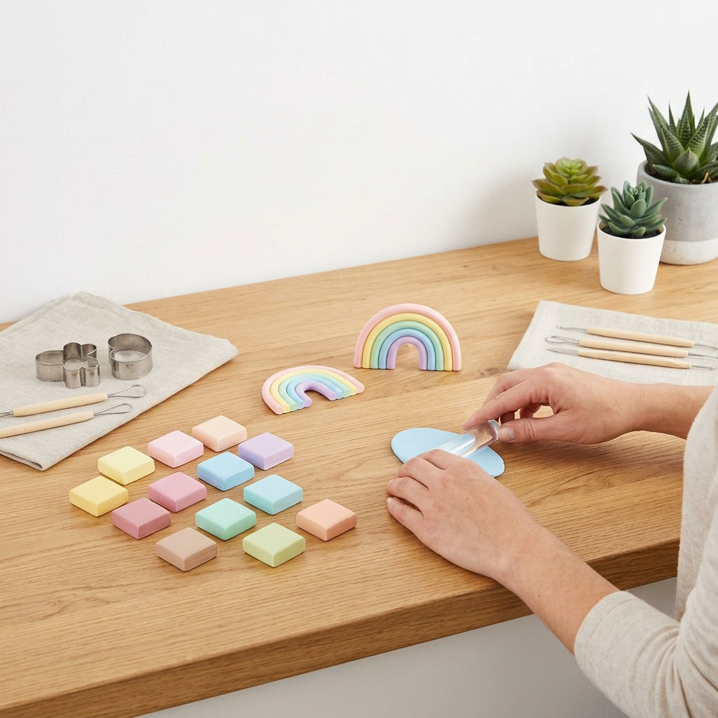 A set of STAEDTLER Fimo Soft Pastel modelling clay blocks in a neutral craft studio setting.