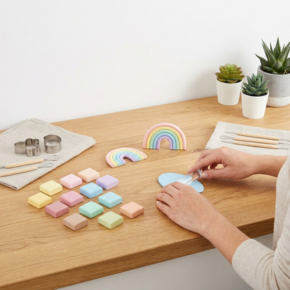 A set of STAEDTLER Fimo Soft Pastel modelling clay blocks in a neutral craft studio setting.