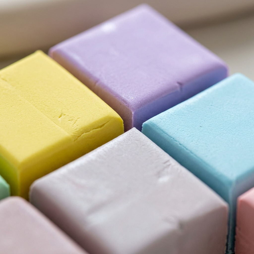 A macro photograph of unwrapped STAEDTLER Fimo Soft pastel clay blocks, showcasing a fine matte texture and soft color detail. The focus is on the edges and surfaces of four clay cubes (yellow, light purple, light blue, and pinkish-grey), illustrating their smooth, pliable quality and true-to-life pastel hues. A shallow depth of field isolates the foreground blocks against a soft, out-of-focus backdrop.