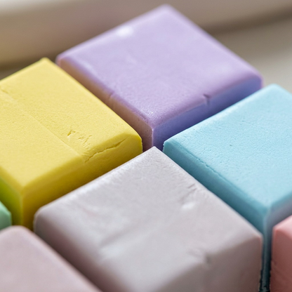 A macro photograph of unwrapped STAEDTLER Fimo Soft pastel clay blocks, showcasing a fine matte texture and soft color detail. The focus is on the edges and surfaces of four clay cubes (yellow, light purple, light blue, and pinkish-grey), illustrating their smooth, pliable quality and true-to-life pastel hues. A shallow depth of field isolates the foreground blocks against a soft, out-of-focus backdrop.