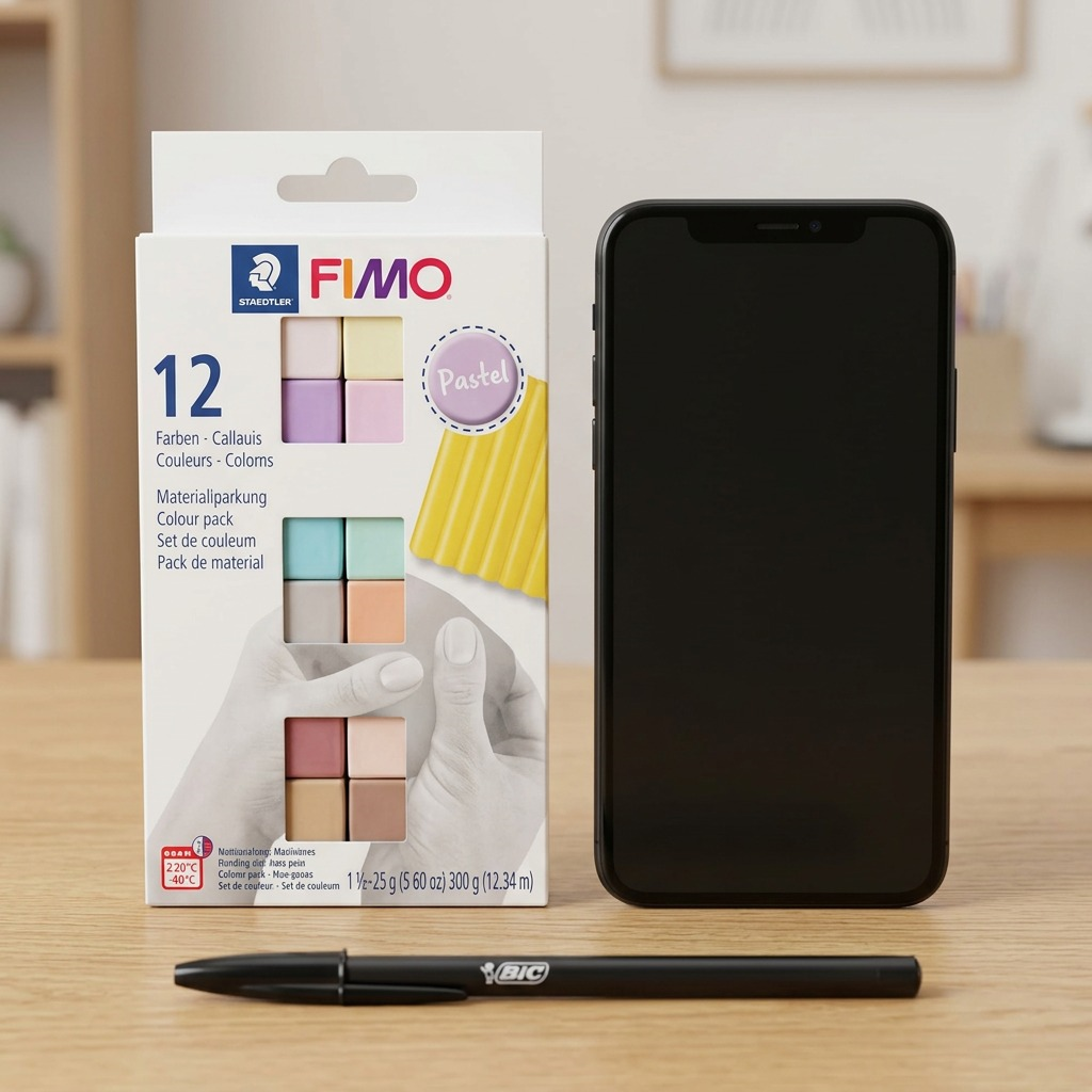 A realistic visual comparison showing a single pack of the STAEDTLER Fimo Soft Pastel 12 Color Modelling Clay blocks in its retail packaging standing upright on a desk surface, immediately adjacent to a standard smartphone, illustrating the precise scale of the clay set relative to a commonly understood object. Clean studio lighting highlights texture. The scene implies a home workspace. Total size: approx 13 x 18 cm.