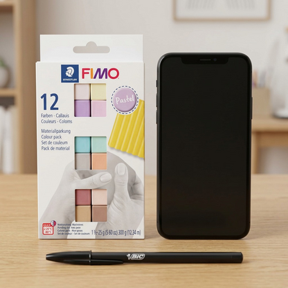 A realistic visual comparison showing a single pack of the STAEDTLER Fimo Soft Pastel 12 Color Modelling Clay blocks in its retail packaging standing upright on a desk surface, immediately adjacent to a standard smartphone, illustrating the precise scale of the clay set relative to a commonly understood object. Clean studio lighting highlights texture. The scene implies a home workspace. Total size: approx 13 x 18 cm.