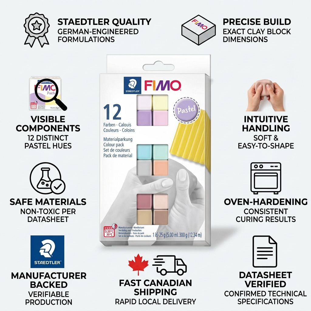 Factual trust matrix infographic for STAEDTLER Fimo Soft Pastel 12-Pack, verified details and Canadian shipping.