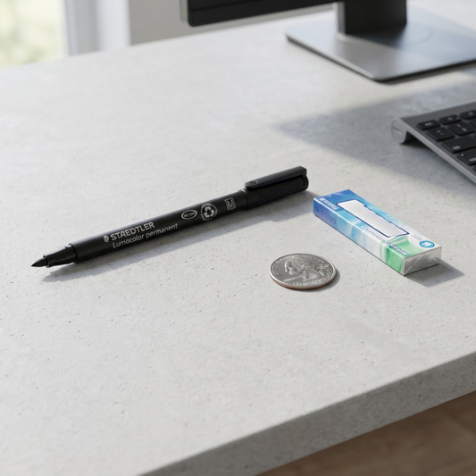 A STAEDTLER permanent marker lies on a text desk beside a quarter and eraser.
