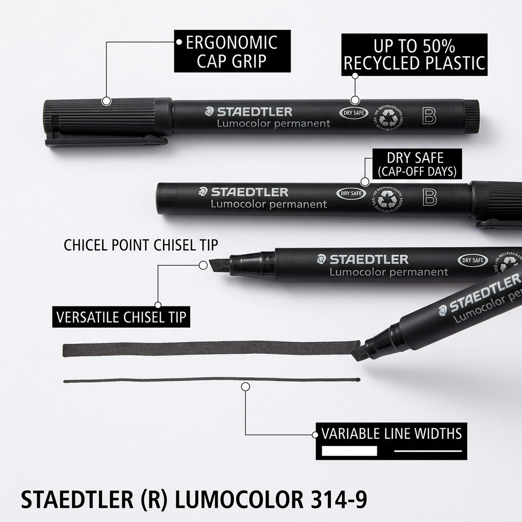 A functional showcase image illustrating key features of the STAEDTLER Lumocolor permanent chisel point marker, with callouts for cap design, dry safe ink, and nib versatility.