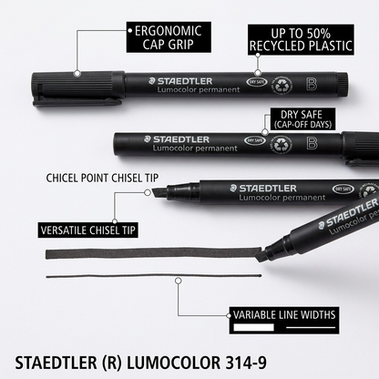 A functional showcase image illustrating key features of the STAEDTLER Lumocolor permanent chisel point marker, with callouts for cap design, dry safe ink, and nib versatility.
