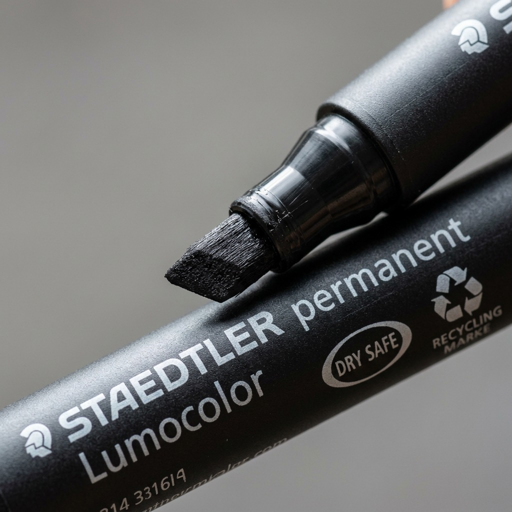 Macro shot of the STAEDTLER black chisel marker tip, revealing fiber texture and precise barrel text.