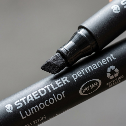 Macro shot of the STAEDTLER black chisel marker tip, revealing fiber texture and precise barrel text.