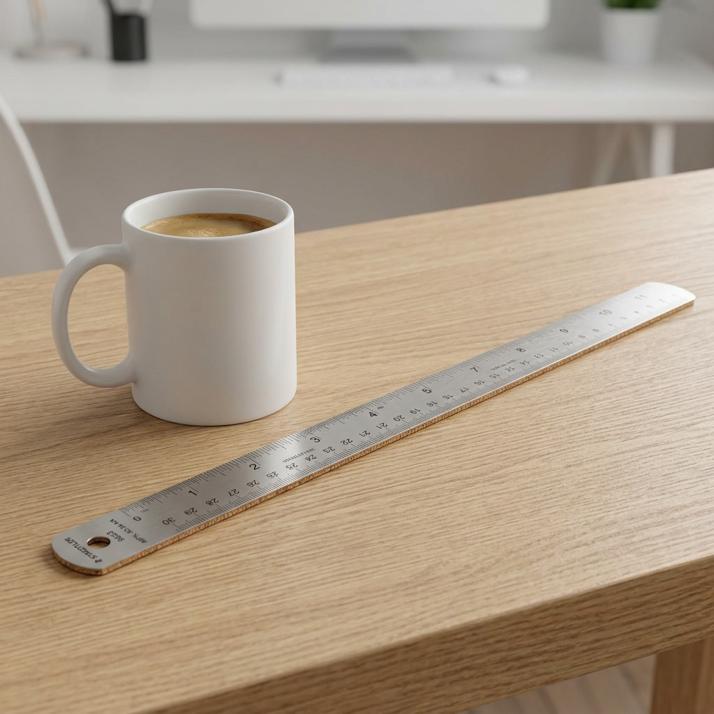 An authentic shot of the 24-inch stainless steel STAEDTLER ruler positioned on a desk alongside a standard coffee mug.